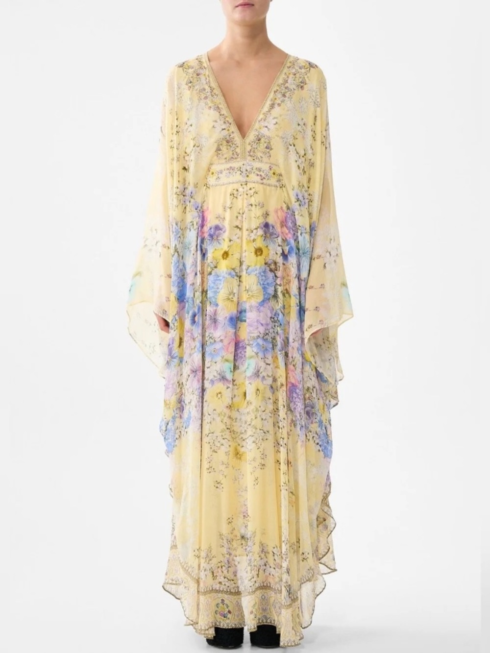 Camilla long kaftan Dress with waist detail In Darling buds